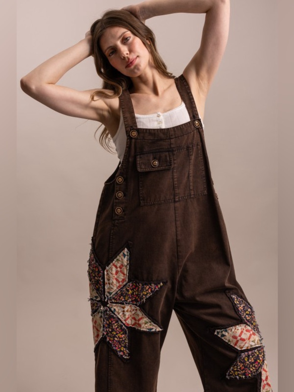 K1 New 🔥Bluevelvet Dark Brown Washed Patchwork Overall - Picture 9 of 10